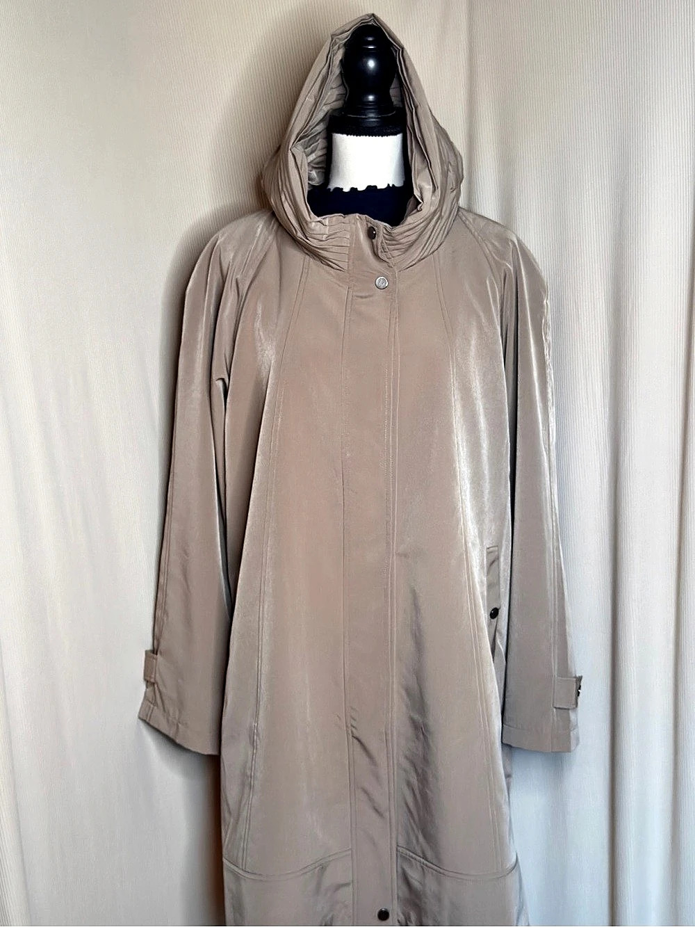 Coldwater Creek XL Hooded Long Coat Beige Pleated Collar Zip Snap Jacket